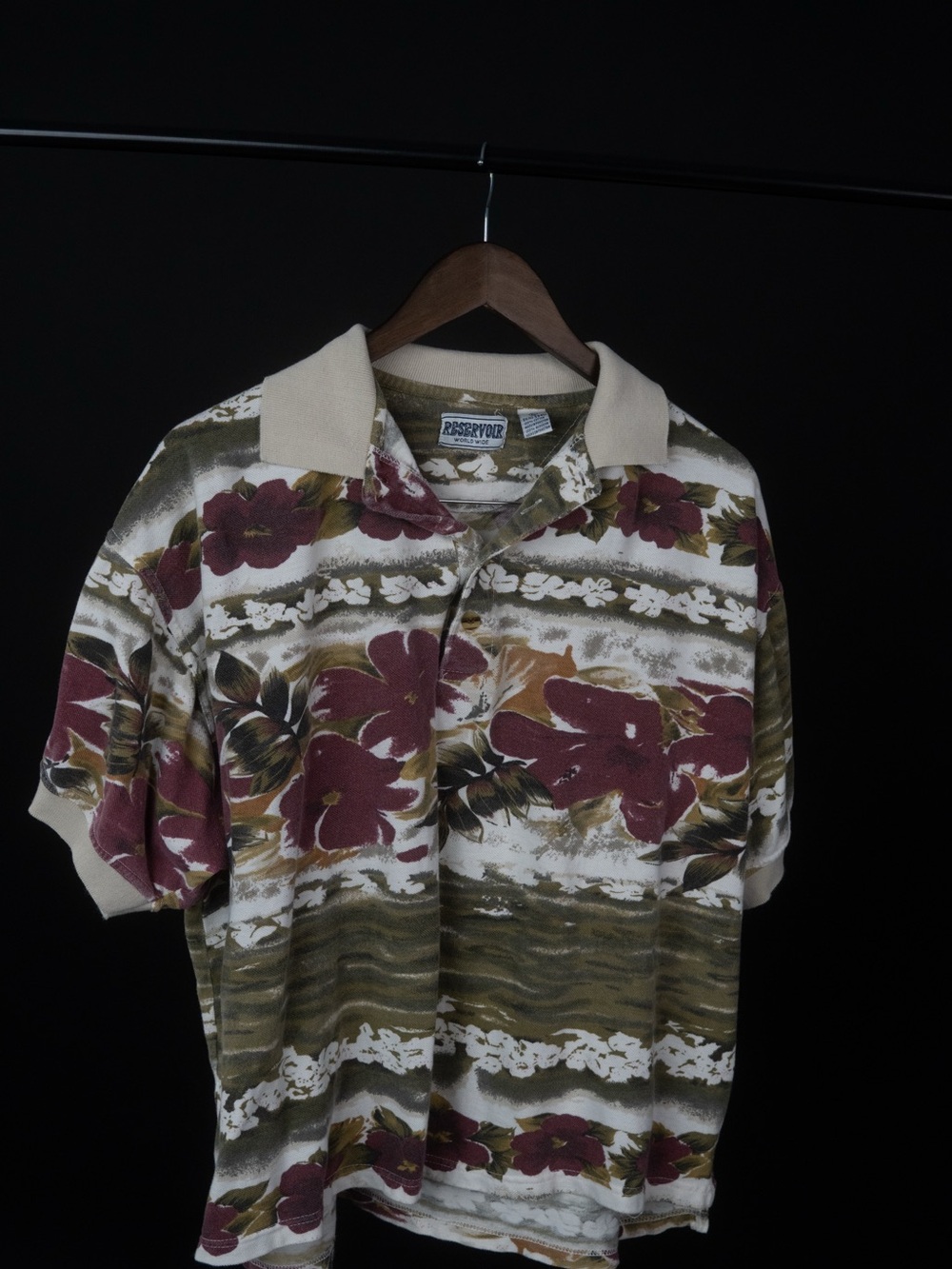 Preservation Vintage Floral Polo Shirt - Cream Collar, Olive & Burgundy Floral